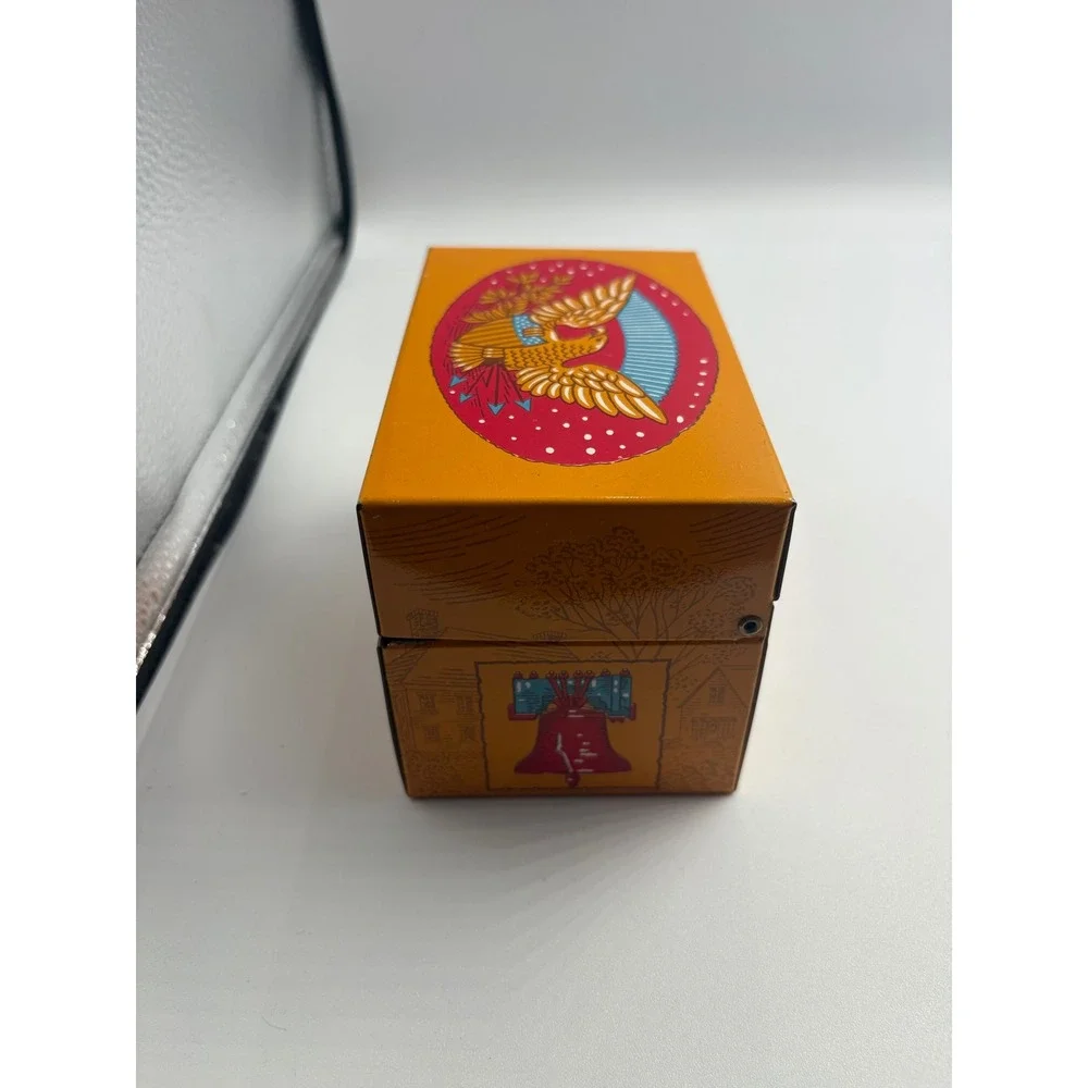 Vintage Syndicate Mfg Americana Metal Index Card Box Orange Eagle Liberty Bell
